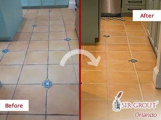 Picture of a Tile Floor Before and After a Grout Cleaning Service in Orlando, FL