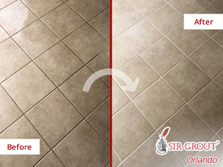 Picture of a Tile Floor Before and After a Grout Cleaning Service in Orlando, FL