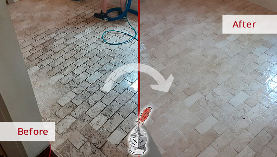Travertine Brick Floor Before and After a Stone Cleaning Service in Winter Park