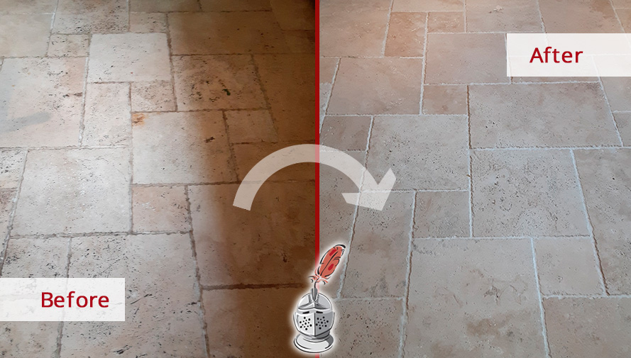 Travertine Tiles Before and After a Stone Cleaning Service in Winter Park