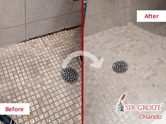 Shower Before and After our Hard Surface Restoration in Orlando, FL
