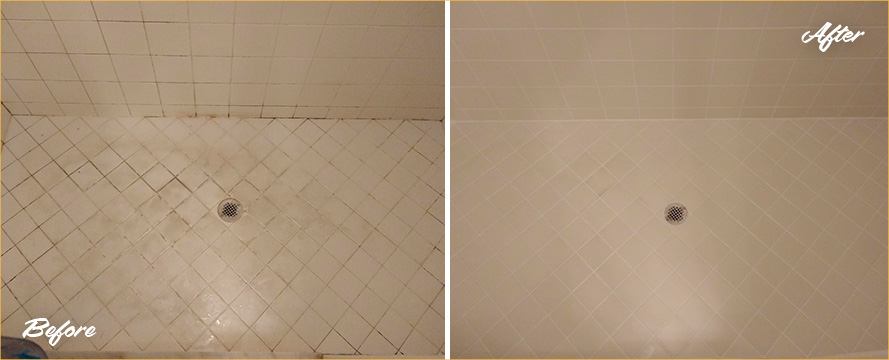 Tiled Shower Before and After Our Grout Cleaning in College Park, FL