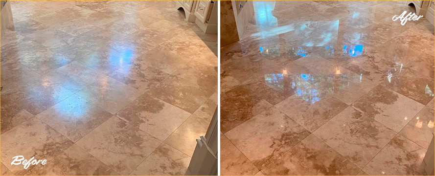 Travertine Floor Before and After a Stone Sealing in Winter Garden, FL