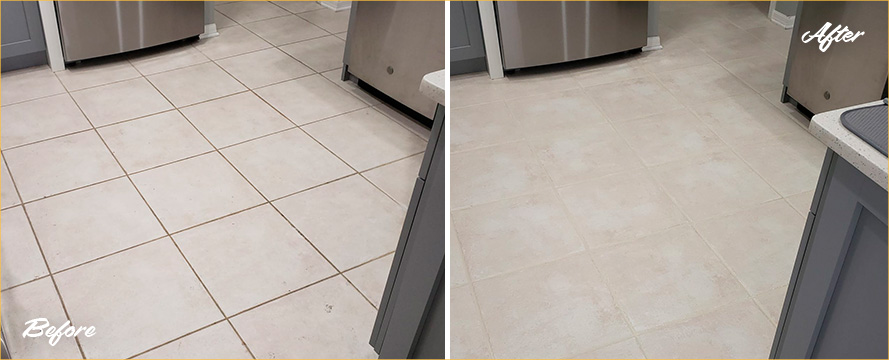 Kitchen Floor Before and After a Grout Cleaning in Orlando
