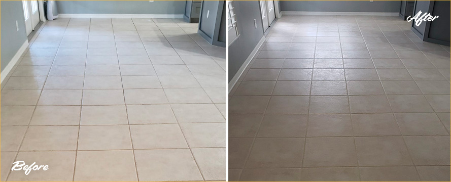 Living Room Floor Before and After a Grout Cleaning in Orlando