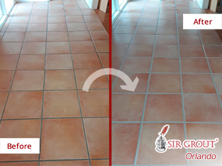 Image of Mexican Saltillo Tile Floor Before and After Grout Cleaning in Apopka 