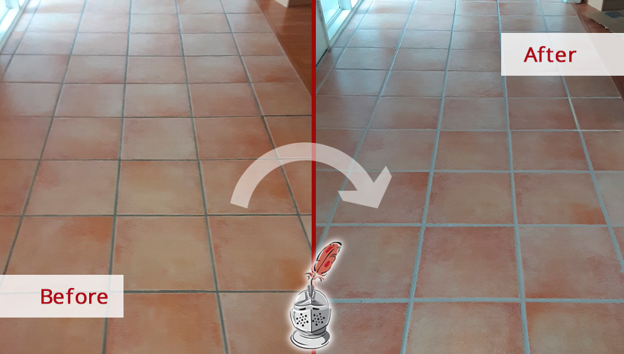Image of Mexican Saltillo Tile Floor Before and After Grout Cleaning in Apopka
