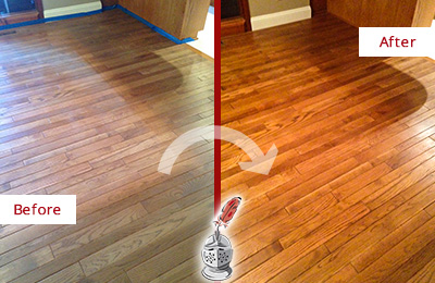 Sir Grout Refinished This Dull Lake Butler Wood Floor with a Sand Free Refinishing Service to Recover Its Sheen Before and After Picture of a Lake Butler Wood Sand Free Refinishing Service on a Dull Floor to Recover Its Sheen