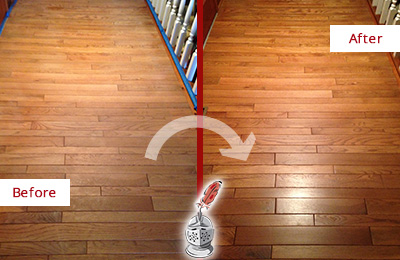 Sir Grout Refinished This Dull Lake Butler Hallway Floor with a Sand Free Refinishing Service Before and After Picture of a Lake Butler Wood Sand Free Refinishing Service on a Dull Hallway