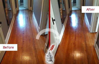 Before and After Picture of a Belle Isle Wood Sand Free Refinishing Service on a Floor to Eliminate Scratches