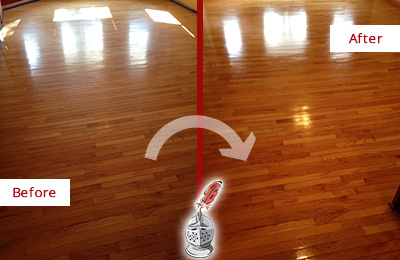 Before and After Picture of a Maitland Wood Sand Free Refinishing Service on a Room Floor to Remove Scratches