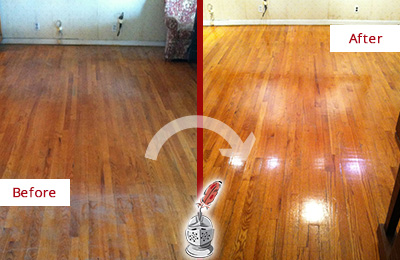 Before and After Picture of a St. Cloud Wood Sand Free Refinishing Service on a Stained Floor