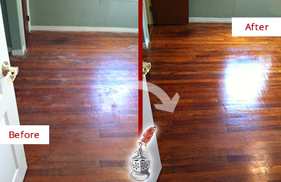 Before and After Picture of a Lake Butler Wood Sand Free Refinishing Service on a Dull Floor to Remove Stains