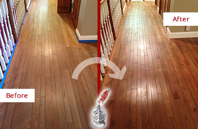 Before and After Picture of a Edgewater Wood Sand Free Refinishing Service on a Worn Out Floor
