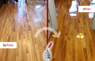 Before and After Picture of a South Chase Wood Sand Free Refinishing Service on a Worn Out Hallway