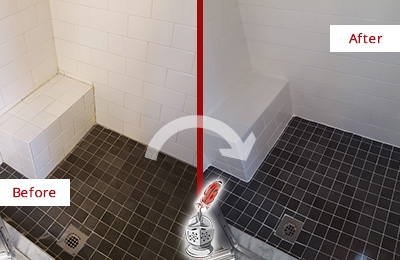 Before and After Picture of a Shower Tile Recaulking - Shower Joints