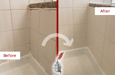 Picture of a Light Tile Shower Before anmoldyd After a Tile Recaulking Service