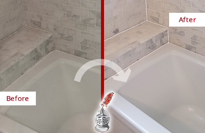Picture of a Marble Bathroom Before and After a Bathroom Recaulking on the Tub Joints