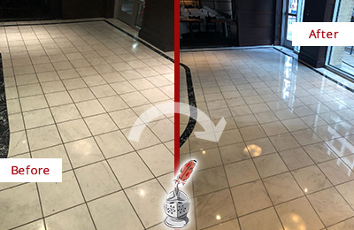 Sir Grout Orlando Stone Services Help Maintain, Clean, and Polish Building Lobbies and Commercial Offices Stone Surfaces Picture of a Building Marble Entrance Floor Before and After Stone Restoration, Cleaning and Polishing