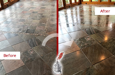 Before and After Picture of Dull Lobby Slate Floor Cleaned and Sealed to Remove Etches and Scratches