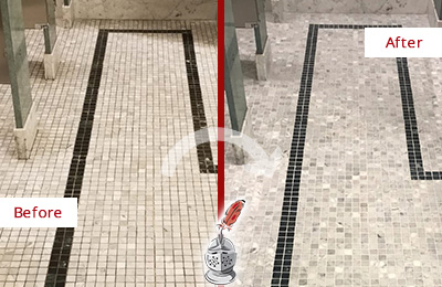 Sir Grout Orlando Stone Cleaning Services Can Help Repair the Look of this Grimy Hospital's Restroom Before and After Picture of a Hospital Travertine Bathroom Floor Stone Cleaning Service