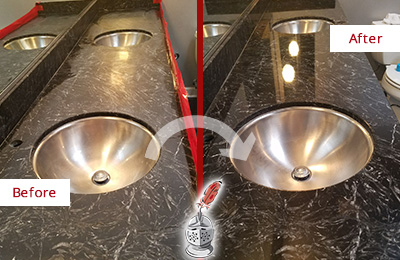 Sir Grout Orlando Stone Services Are Ideal for Enhancing Restrooms Marble Countertops and Keep Them Perfect All Year Round Picture of an Office Restroom's Marble Countertop Before and After Color Enhancement and Restoration