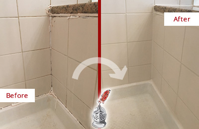 Sir Grout Caulks this Horizon West Shower Caulked to Repair Damaged Caulking Before and After Picture of a Horizon West Shower Caulked to Repair Damaged Caulking