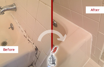 Before and After Picture of a South Chase Bathroom Sink Caulked to Fix a DIY Proyect Gone Wrong