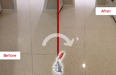 Sir Grout Polishes this Bay Lake Granite Stone Floor to Repair Dullness Before and After Picture of a Bay Lake Granite Stone Floor Polished to Repair Dullness