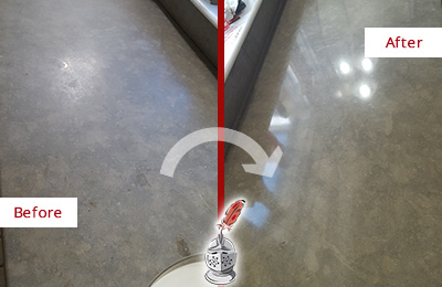 Before and After Picture of a Dull St. Cloud Limestone Countertop Polished to Recover Its Color