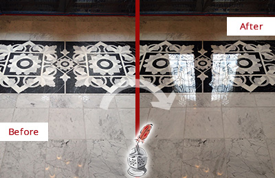 Sir Grout Polishes this Bay Lake Marble Stone Floor to a Mirror Shine Before and After Picture of a Bay Lake Marble Stone Floor Polished to a Mirror Shine