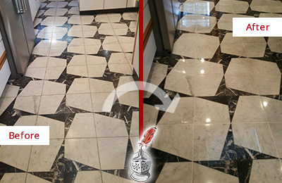 Sir Grout Polishes this Dull Bay Lake Marble Stone Floor To Recover Its Luster Before and After Picture of a Dull Bay Lake Marble Stone Floor Polished To Recover Its Luster
