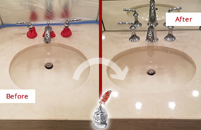Sir Grout Polishes this Dull Bay Lake Marble Stone Vanity Top to Bring-Back Its Sheen Before and After Picture of a Dull Bay Lake Marble Stone Vanity Top Polished to Bring-Back Its Sheen