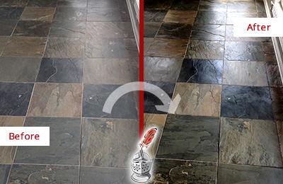 Sir Grout Seals this Dull South Chase Slate Floor to Bring Back Its Colors Before and After Picture of a Dull South Chase Slate Floor Sealed to Bring Back Its Colors