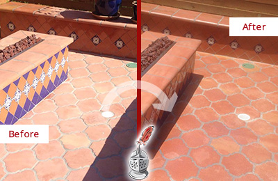 Before and After Picture of a Dull Oakland Terracotta Patio Floor Sealed For UV Protection