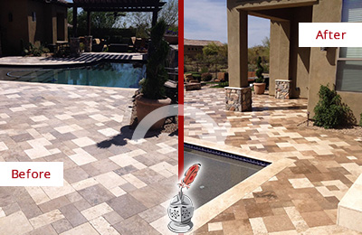Sir Grout Seals this Faded South Chase Travertine Pool Deck For Extra Protection Before and After Picture of a Faded South Chase Travertine Pool Deck Sealed For Extra Protection