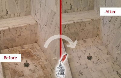 Sir Grout Cleans this Dirty South Chase Marble Shower to Eliminate Dark Stains Before and After Picture of a Dirty South Chase Marble Shower Cleaned to Eliminate Dark Stains
