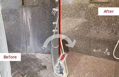 Sir Grout Cleans this South Chase Granite Shower to Remove Mineral Deposits Before and After Picture of a South Chase Granite Shower Cleaned to Remove Mineral Deposits