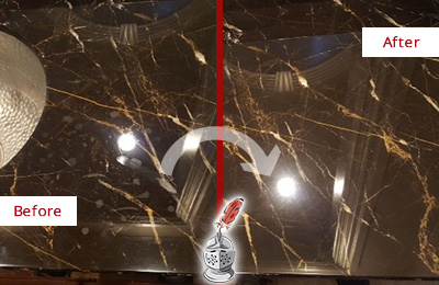 Sir Grout Cleans this South Chase Marble Countertop to Remove Water Spots Before and After Picture of a South Chase Marble Countertop Cleaned to Remove Water Spots