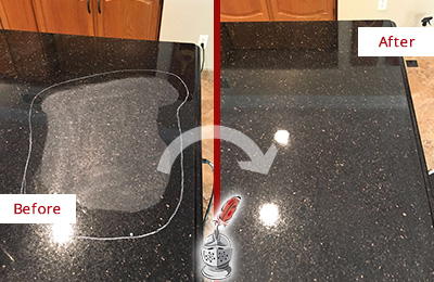 Sir Grout Hones this Alafaya Granite Kitchen Countertop to Eliminate Scratch Before and After Picture of a Alafaya Granite Kitchen Countertop Honed to Eliminate Scratch