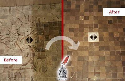 Sir Grout Hones this Alafaya Marble Shower to Remove Etching Before and After Picture of a Alafaya Marble Shower Honed to Remove Etching