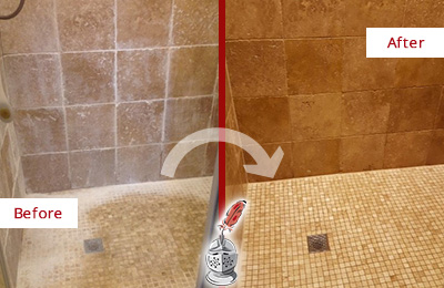 Before and After Picture of a Oakland Travertine Shower Honed to Remove Mineral Deposits