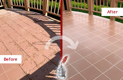 Before and After Picture of a South Chase Hard Surface Restoration Service on a Tiled Deck