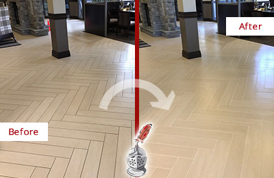 Sir Grout Restored This Ocoee Office Lobby Tile Floor to Remove Embedded Dirt Before and After Picture of a Ocoee Hard Surface Restoration Service on an Office Lobby Tile Floor to Remove Embedded Dirt