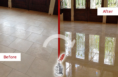 Sir Grout Restored This Ocoee Dull Travertine Floor to Recover Its Splendor with a Stone Polishing Service Before and After Picture of a Ocoee Hard Surface Restoration Service on a Dull Travertine Floor Polished to Recover Its Splendor