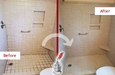 Before and After Picture of a Lake Butler Shower Grout Cleaned to Remove Mold