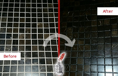 Sir Grout Recolored the Grout of this Eatonville Black Tile Floor Before and After Picture of a Eatonville Black Floor with Recolored Grout