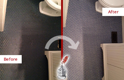 Sir Grout Recolors the Grout on this Eatonville Blue Tile Floor Before and After Picture of a Eatonville Blue Tile Floor Recolored Grout