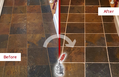 Sir Grout Recolors the Grout of this Eatonville Slate Floor Before and After Picture of a Eatonville Slate Floor Recolored Grout