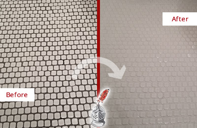 Sir Grout Recolors the Grout of this Eatonville White Mosaic Tile Before and After Picture of a Eatonville White Mosaic Tile Recolored Grout